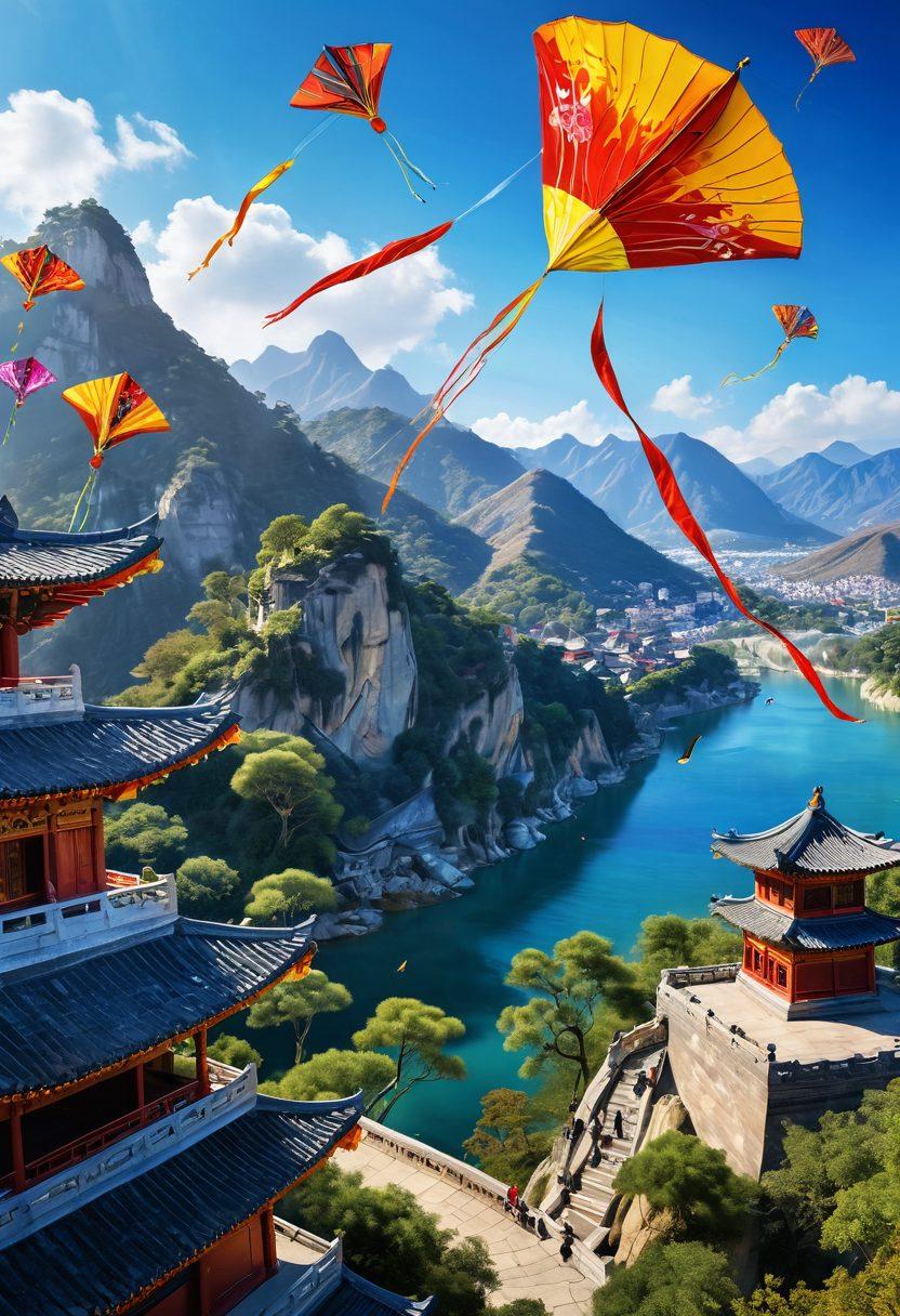 A vibrant scene showcasing traditional Chinese kites soaring high in a clear blue sky, with intricate designs and colors reflecting cultural symbols. Below, a picturesque landscape of ancient Chinese architecture and lush greenery, with people of diverse backgrounds admiring the kites. The sunlight highlights the elegance and motion of the kites against the backdrop of mountains. super-realistic. vibrant colors. 3D.